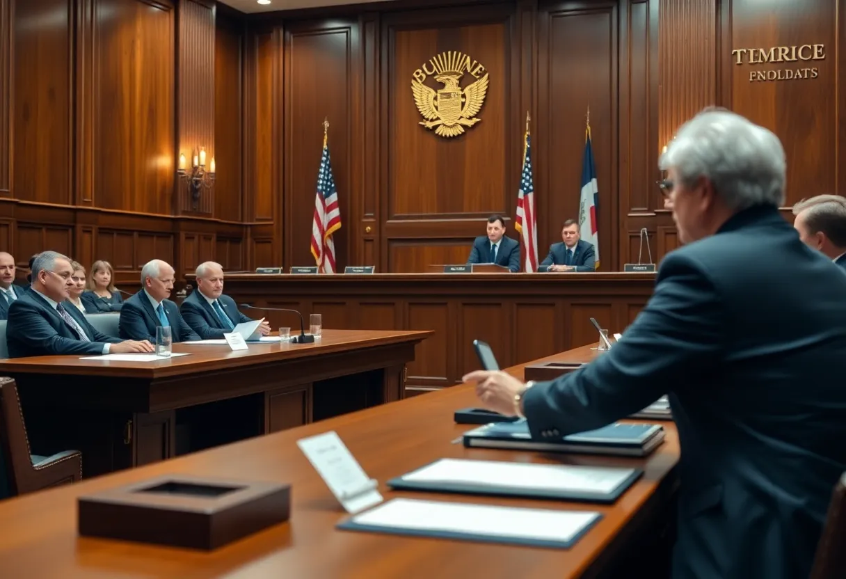 A courtroom scene emphasizing the legal process and fair trial principles.