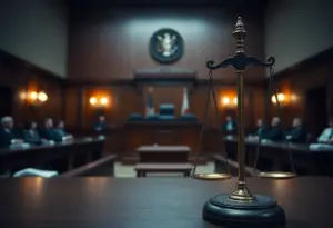A courtroom scene illustrating the themes of justice and accountability.