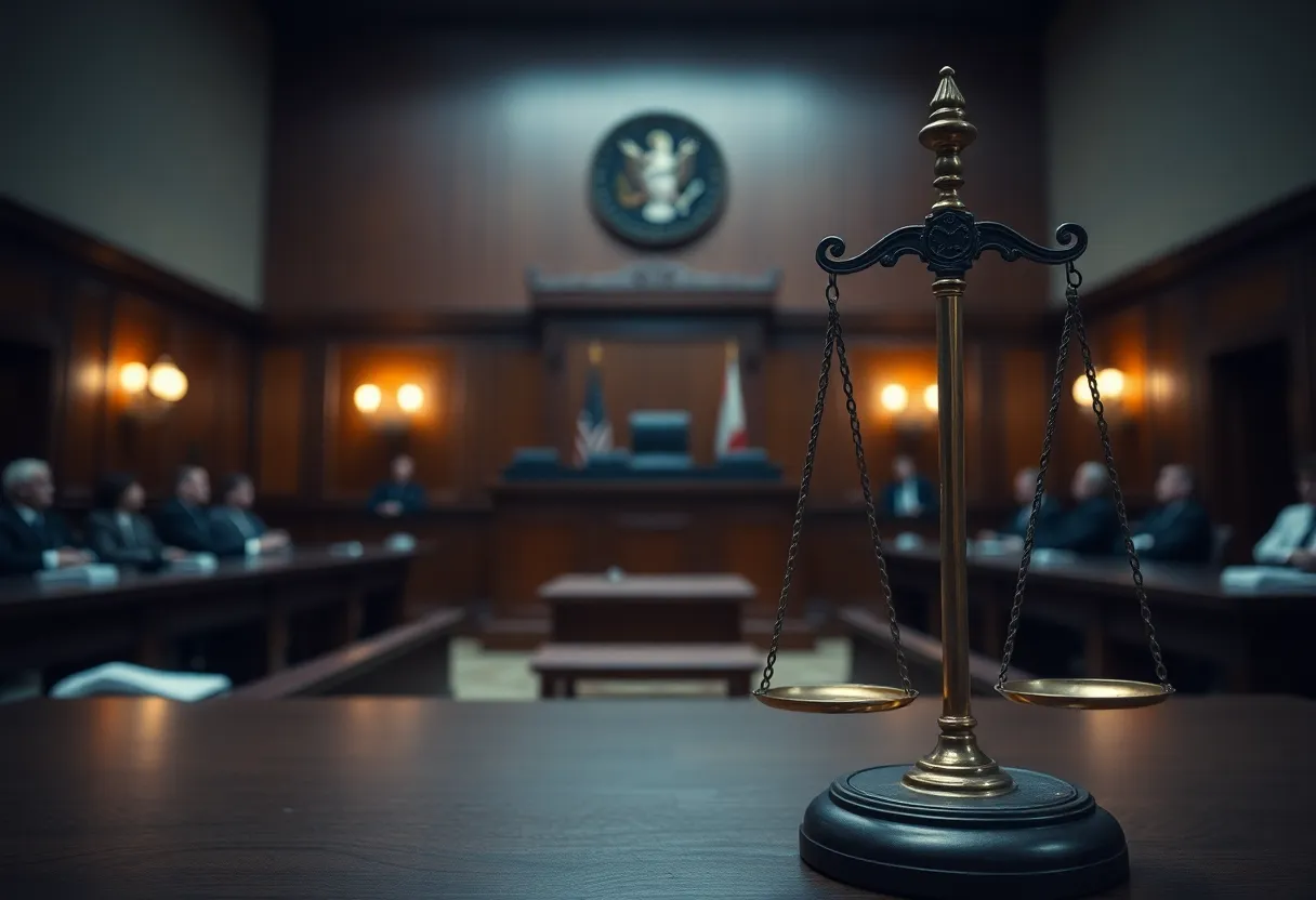 A courtroom scene illustrating the themes of justice and accountability.