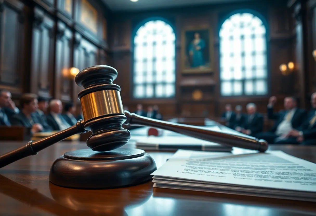 Dramatic courtroom scene depicting legal proceedings