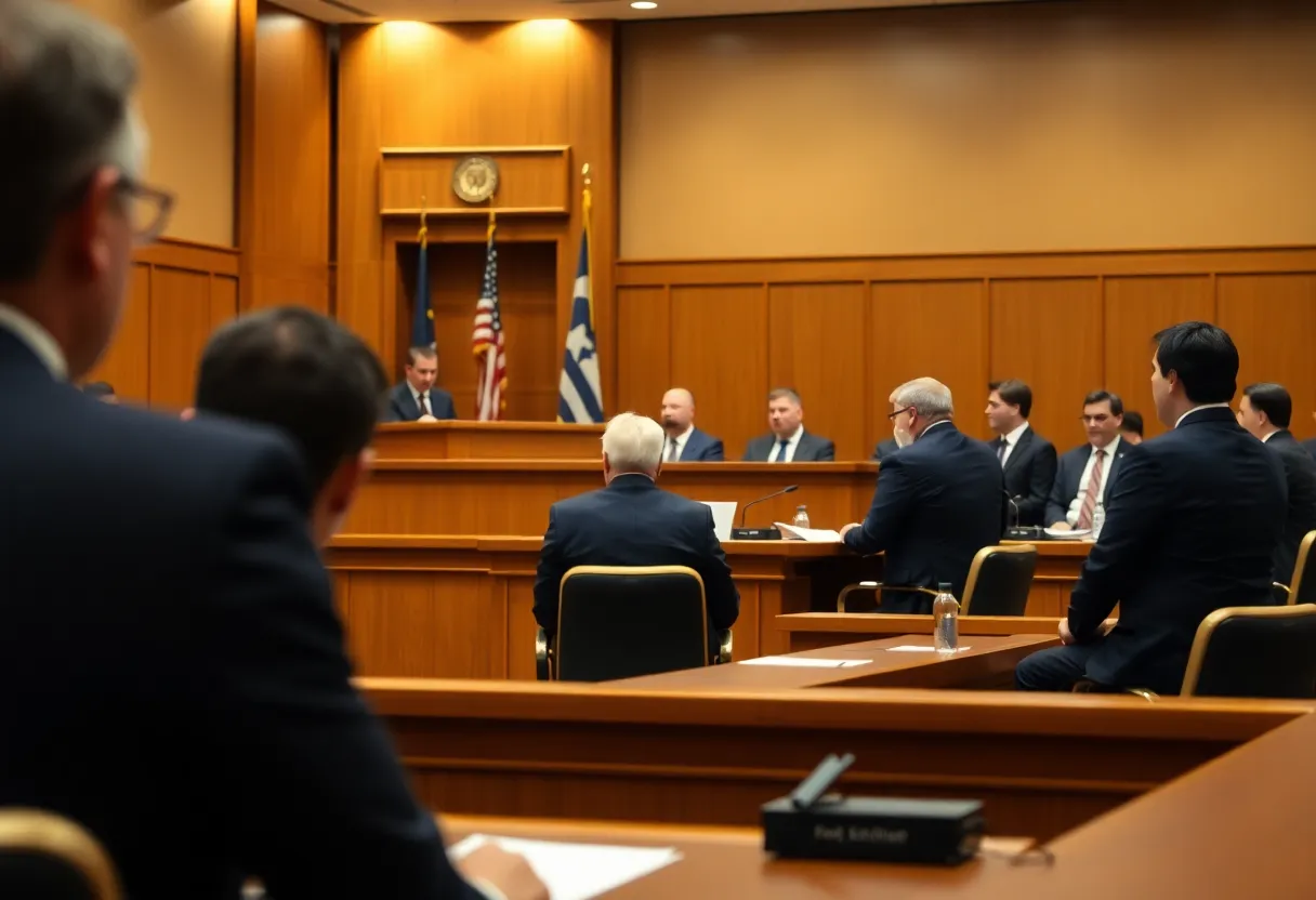 A courtroom filled with legal personnel and spectators during a trial