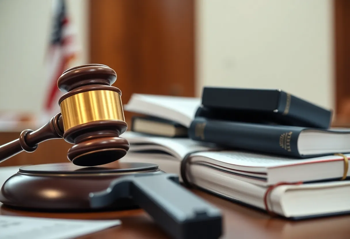 Courtroom representation of gun rights legal issues.