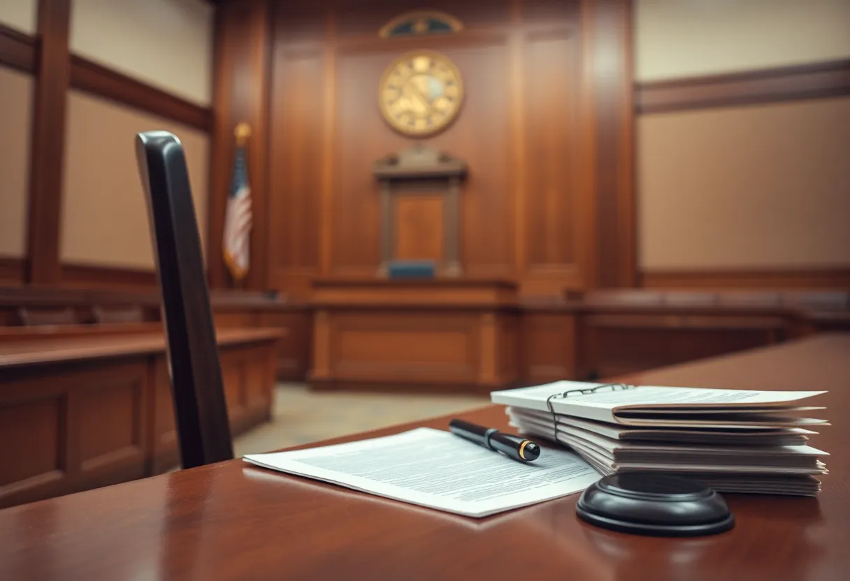 A courtroom with an empty chair, legal documents displayed on a table