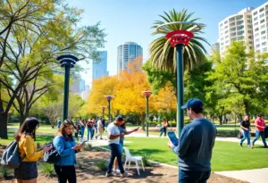 Residents using free public Wi-Fi in a Los Angeles park