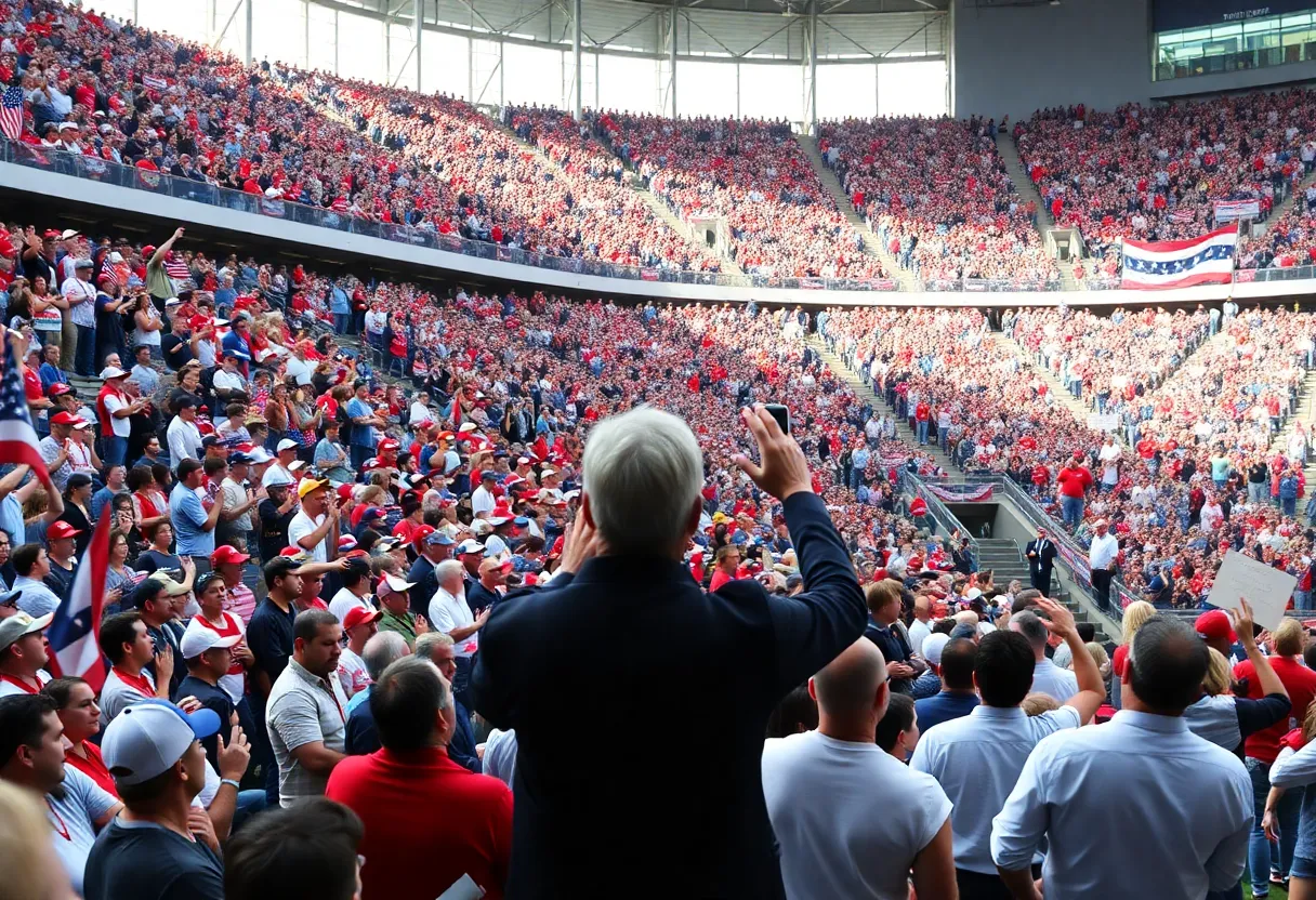 Large crowd at a stadium memorial service honoring a public figure, with a mix of supporters and protesters outside.
