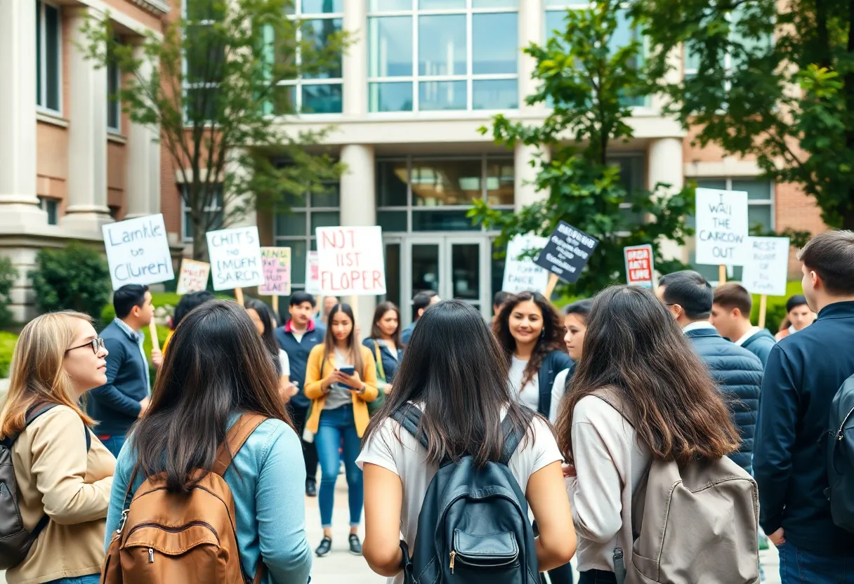 Students at California State University engaged in discussion amidst protest signs.
