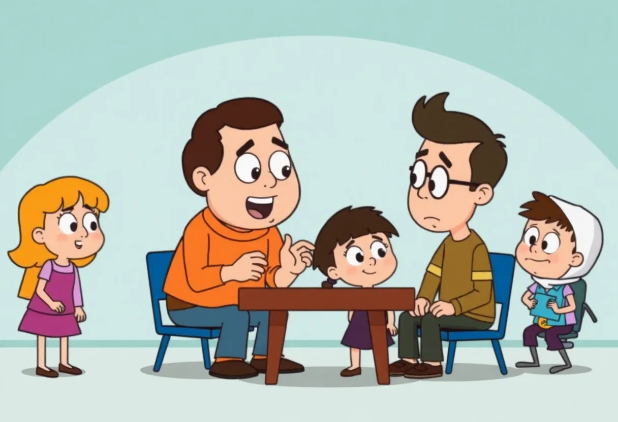 Illustration of a debate on children's programming with parents and cartoon figures.