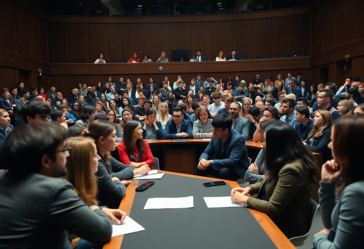 Students debating in the Oxford Union chamber