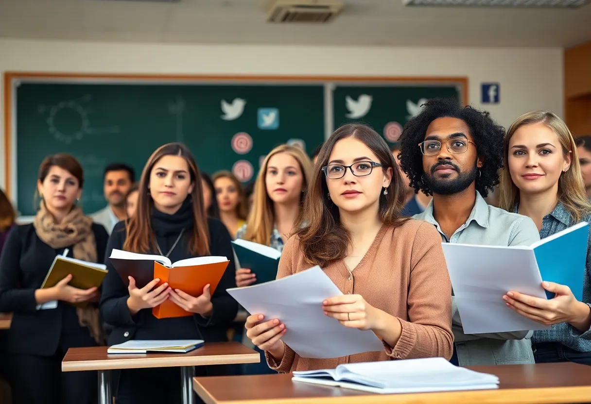 Teachers discussing concerns over free speech in a classroom.