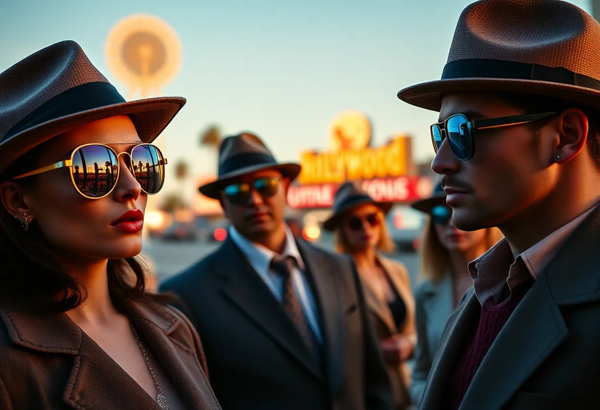Artistic representation of classic Hollywood fashion and nostalgia.