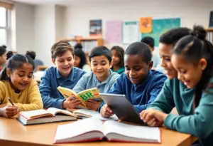 Students studying in a diverse classroom setting