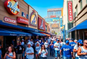 Dodgers fans gathered at a Los Angeles venue, enjoying food and drinks while cheering for their team.