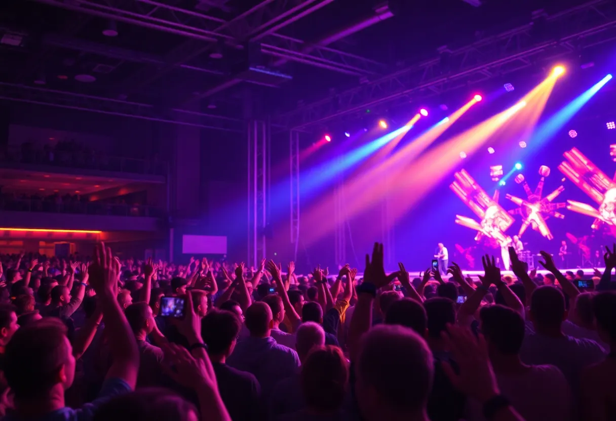 Dua Lipa performing at her concert with colorful lights and engaging audience.