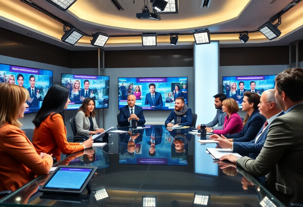 Editorial team collaborating in a modern newsroom