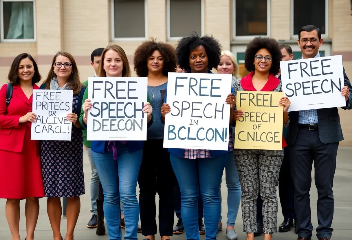 Group of educators protesting for free speech rights