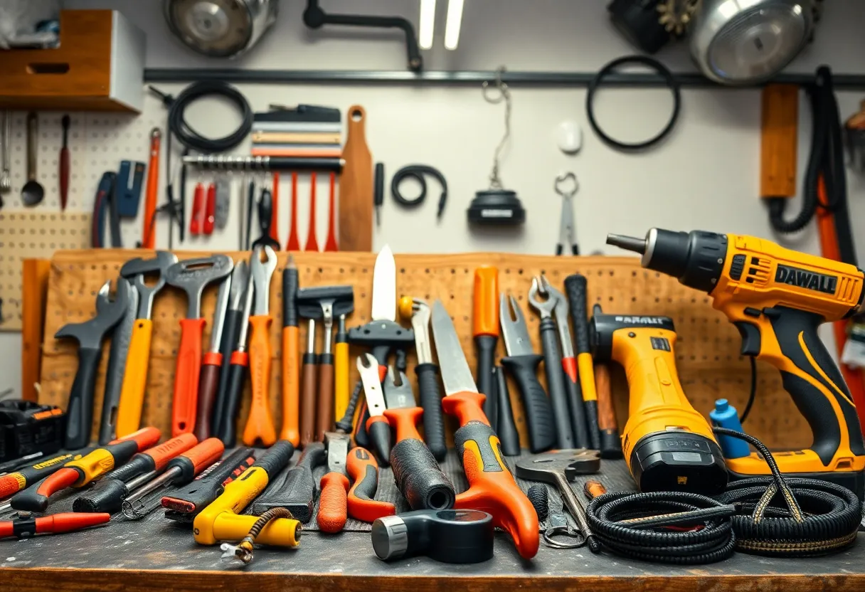 A workbench with various essential DIY tools for home renovation.