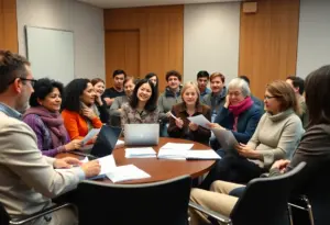 Faculty members discussing educational policies in a meeting room.