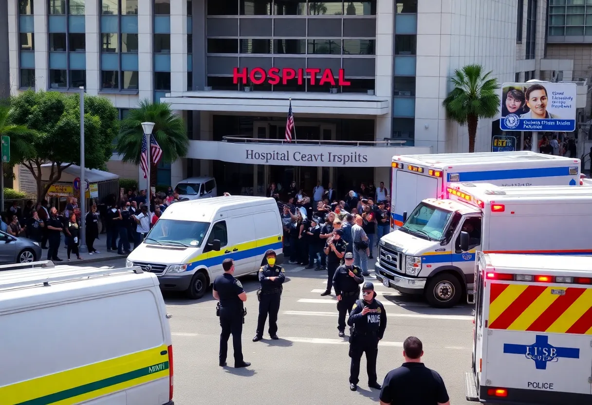 Protesters gather outside a hospital following a federal immigration arrest incident in Los Angeles.