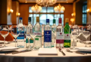 A selection of premium bottled waters on a dining table at a fine restaurant.
