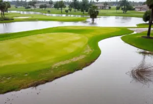 Aerial view of flooded golf course in Los Angeles