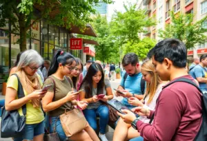 Community members accessing free internet in Crenshaw Corridor