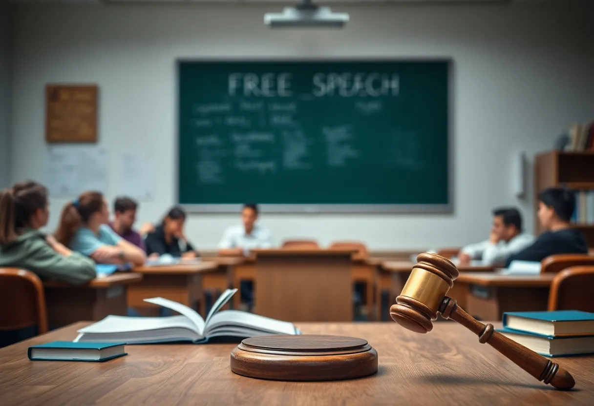 Symbolic representation of free speech and justice in a classroom setting.