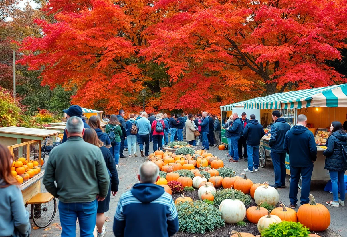 People enjoying a garden event in Los Angeles with autumn foliage.