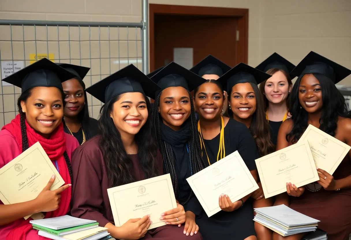 Incarcerated women celebrating their graduation with diplomas