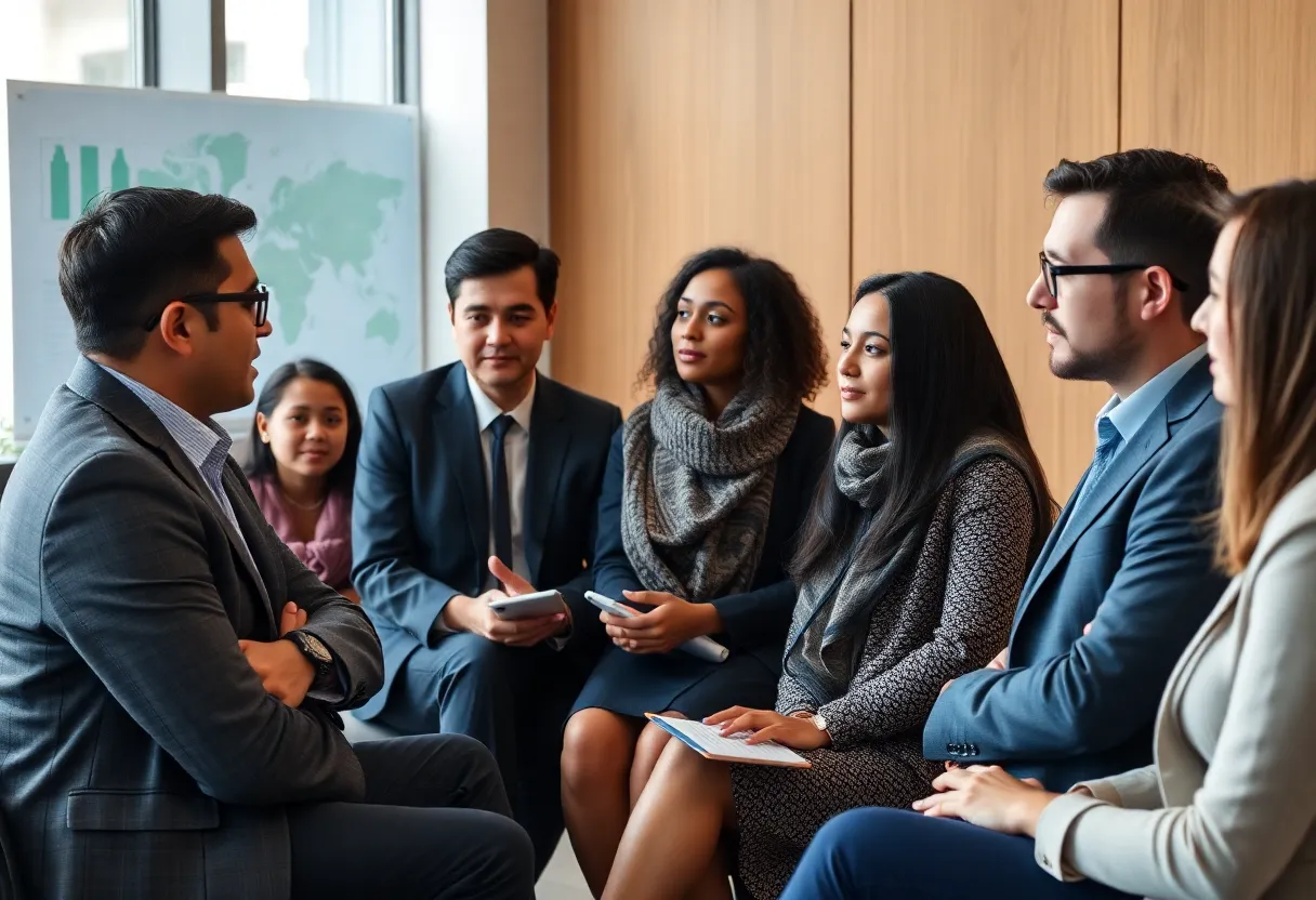 Professionals discussing H-1B visa travel restrictions