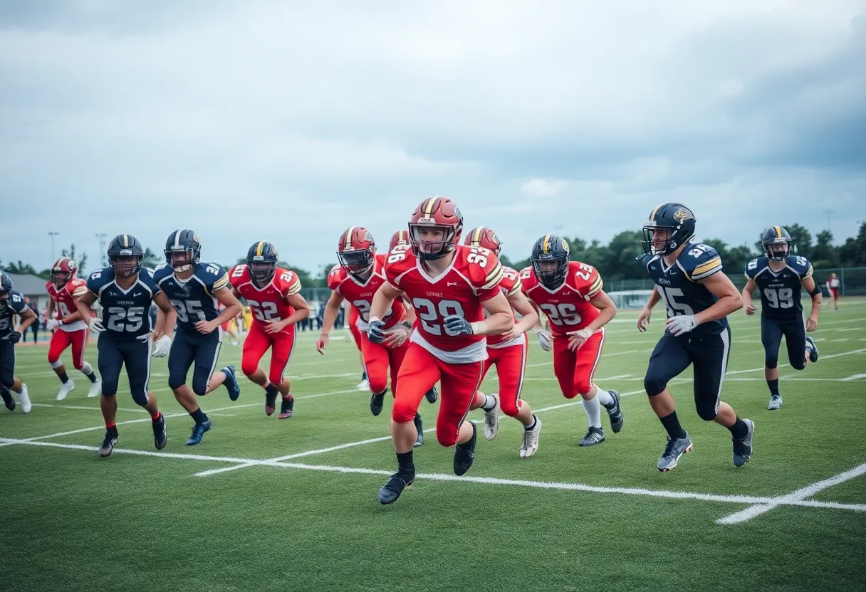 Football players in a high school game displaying teamwork and energy.