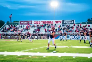 High school football players in action on the field