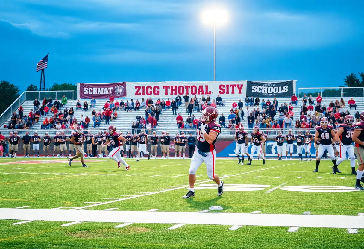 High school football players in action on the field