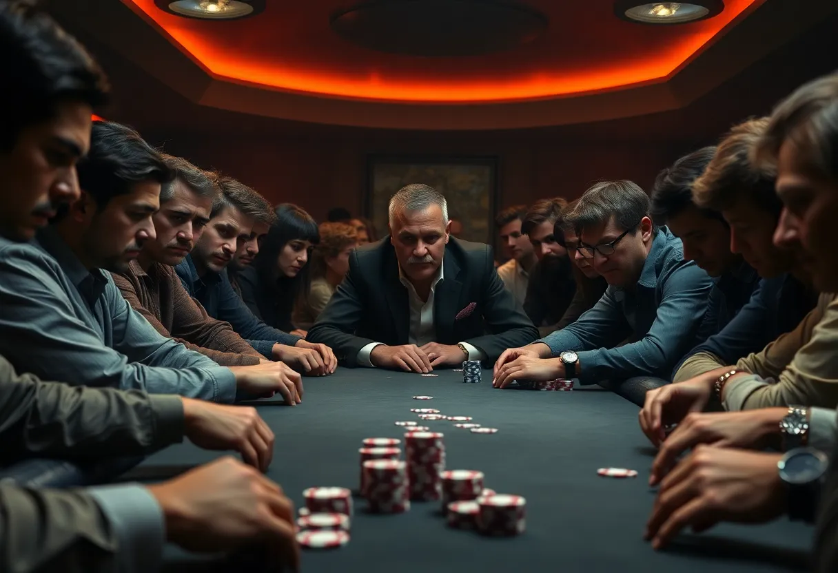 Poker room with participants engaged in a high-stakes game