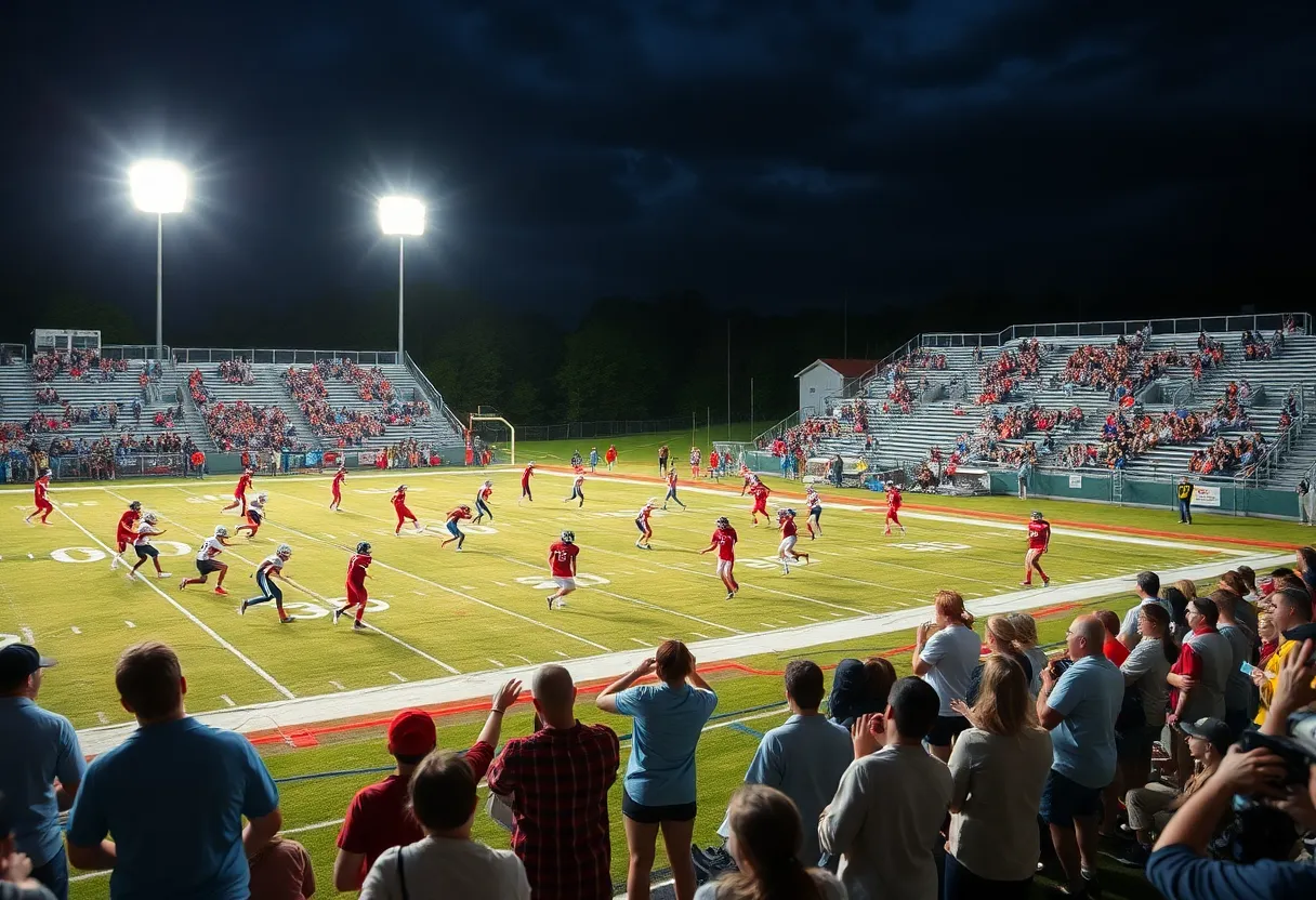 Exciting high school football game with cheering fans