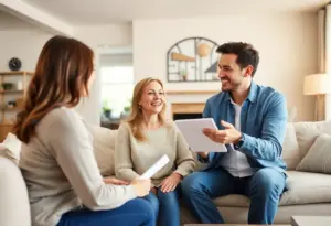 Couple discussing homeownership tips with an agent