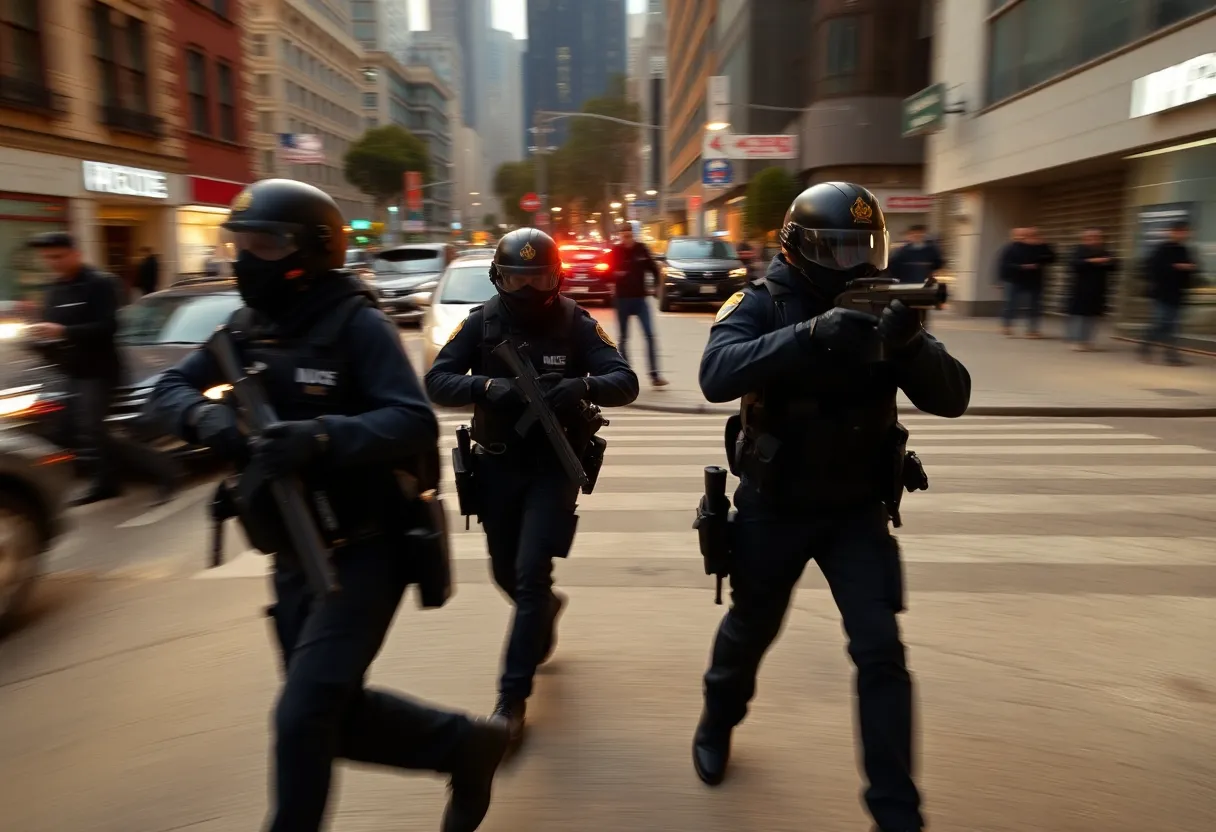 Law enforcement agents during a tense operation in an urban area