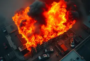 Aerial view of a commercial building engulfed in flames with firefighters in action.