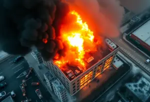Firefighters combating a massive fire at a commercial building in Inglewood, thick smoke visible.