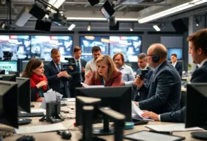 Journalists in a newsroom discussing strike authorization issues
