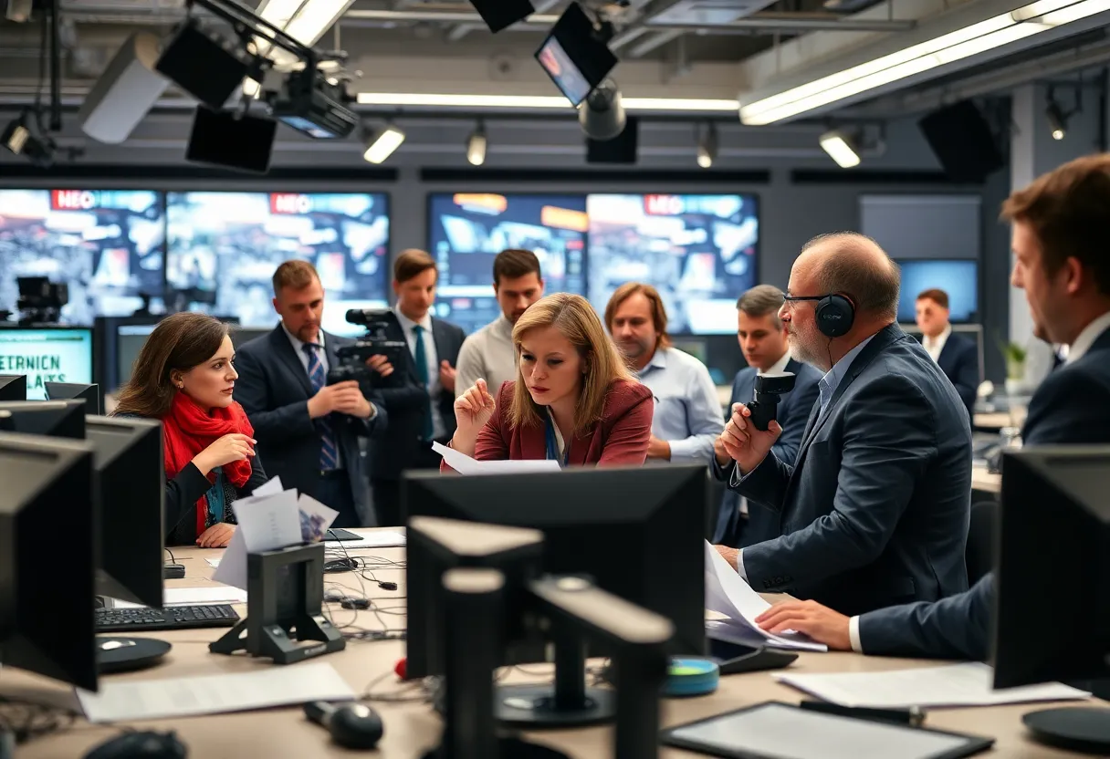 Journalists in a newsroom discussing strike authorization issues