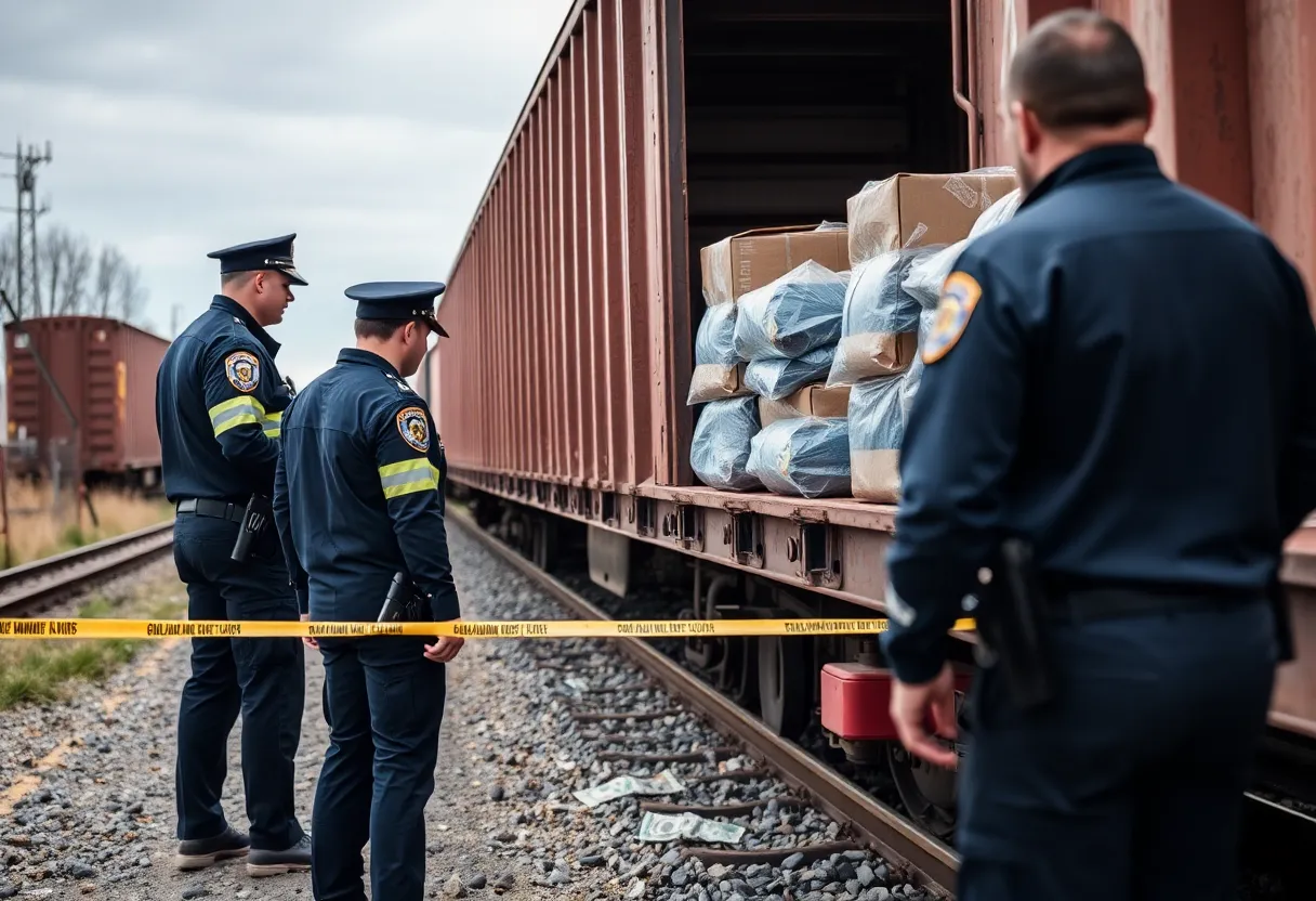 Law enforcement officers inspecting a freight train for stolen cargo