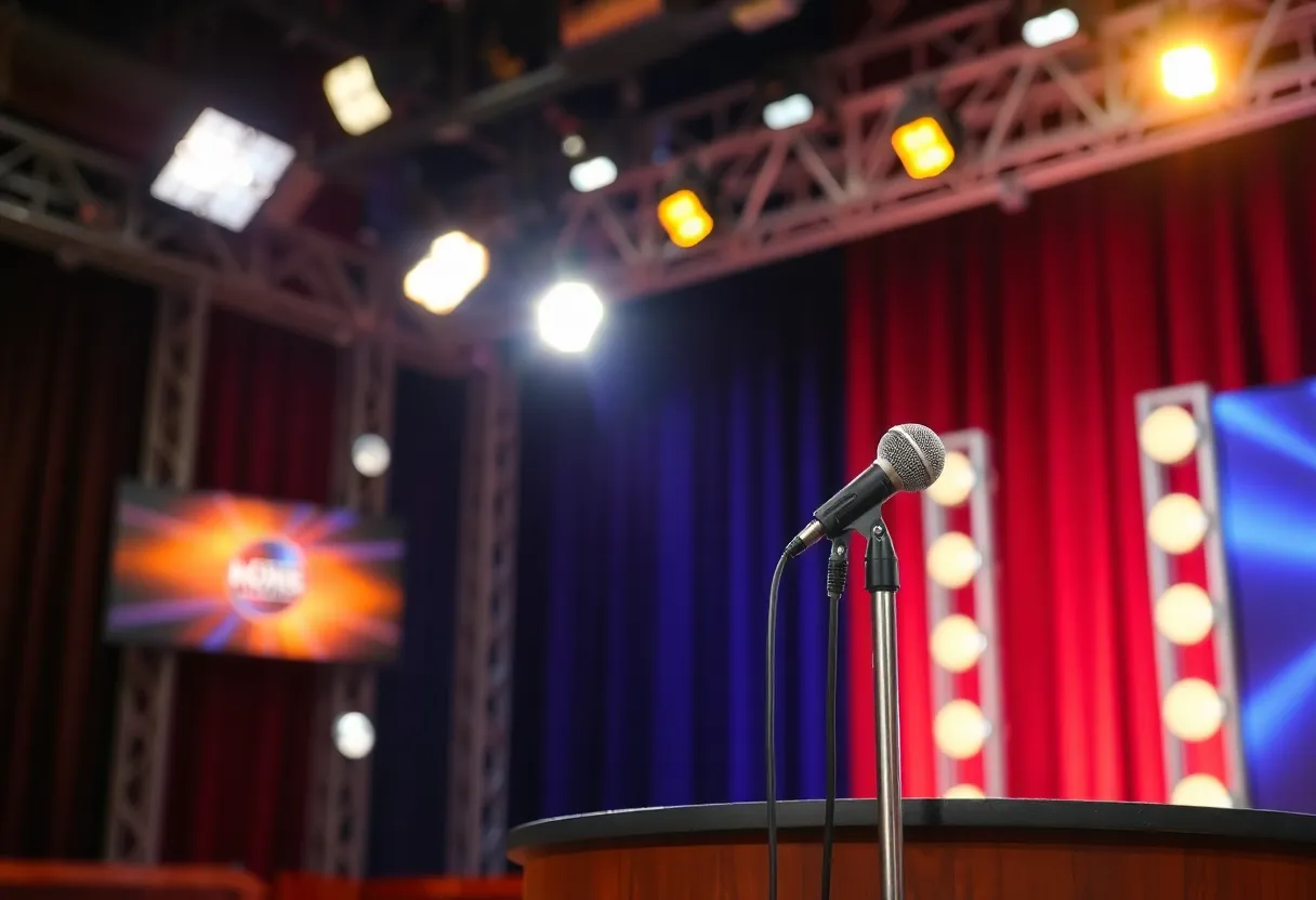 Illuminated late-night talk show stage with microphone