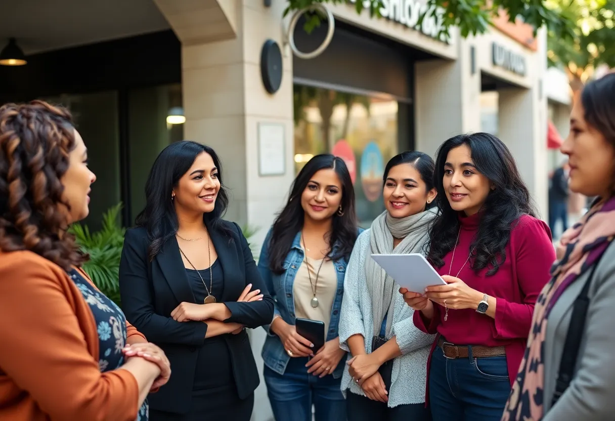 Latina women entrepreneurs in California collaborating on business ideas.