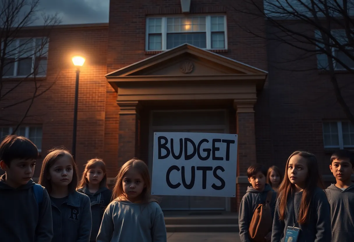 Los Angeles school building with Budget Cuts sign