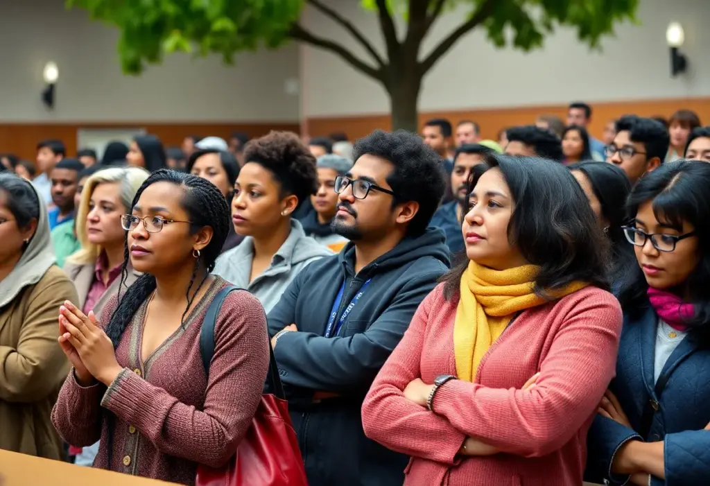 Community members at LAUSD Board meeting in rainy weather