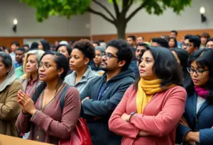Community members at LAUSD Board meeting in rainy weather