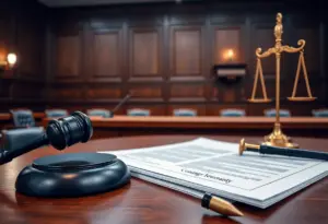 Courtroom with legal documents and gavel