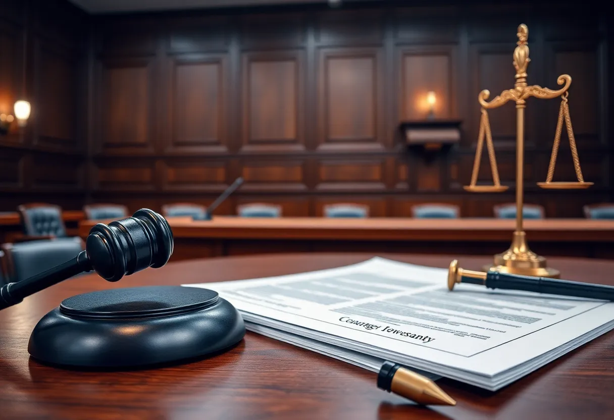 Courtroom with legal documents and gavel