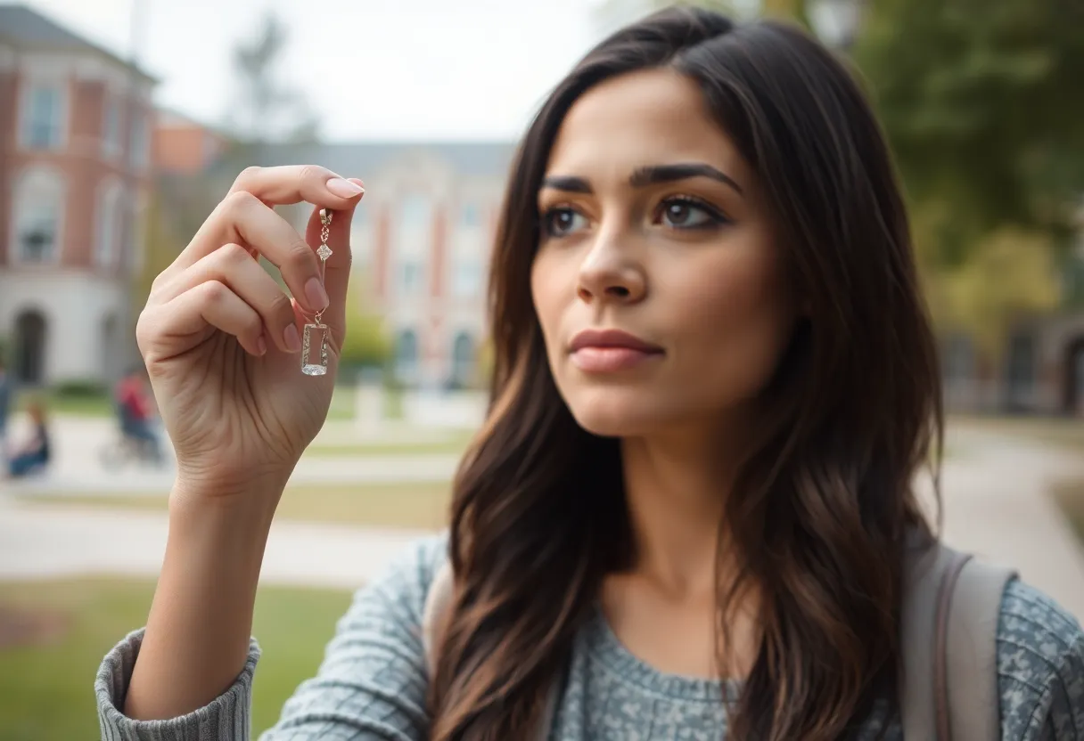 Woman holding a pendant symbolizing love and loss