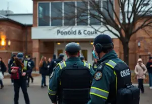 Police officers responding to a potential emergency at a school